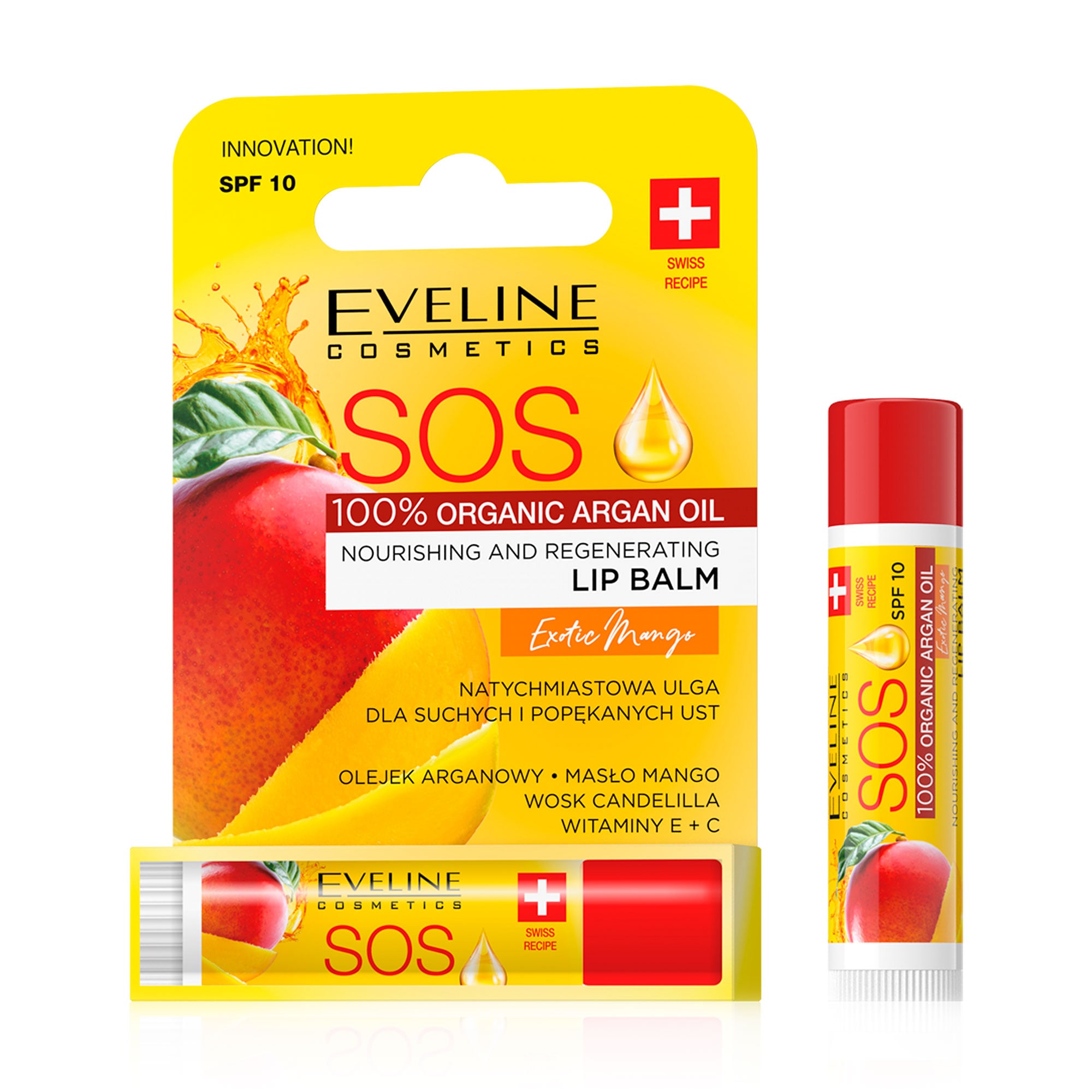 Бальзам для губ Eveline Cosmetics Argan Oil Sos SPF 10 Манго, відновлювальний, 4.2 г