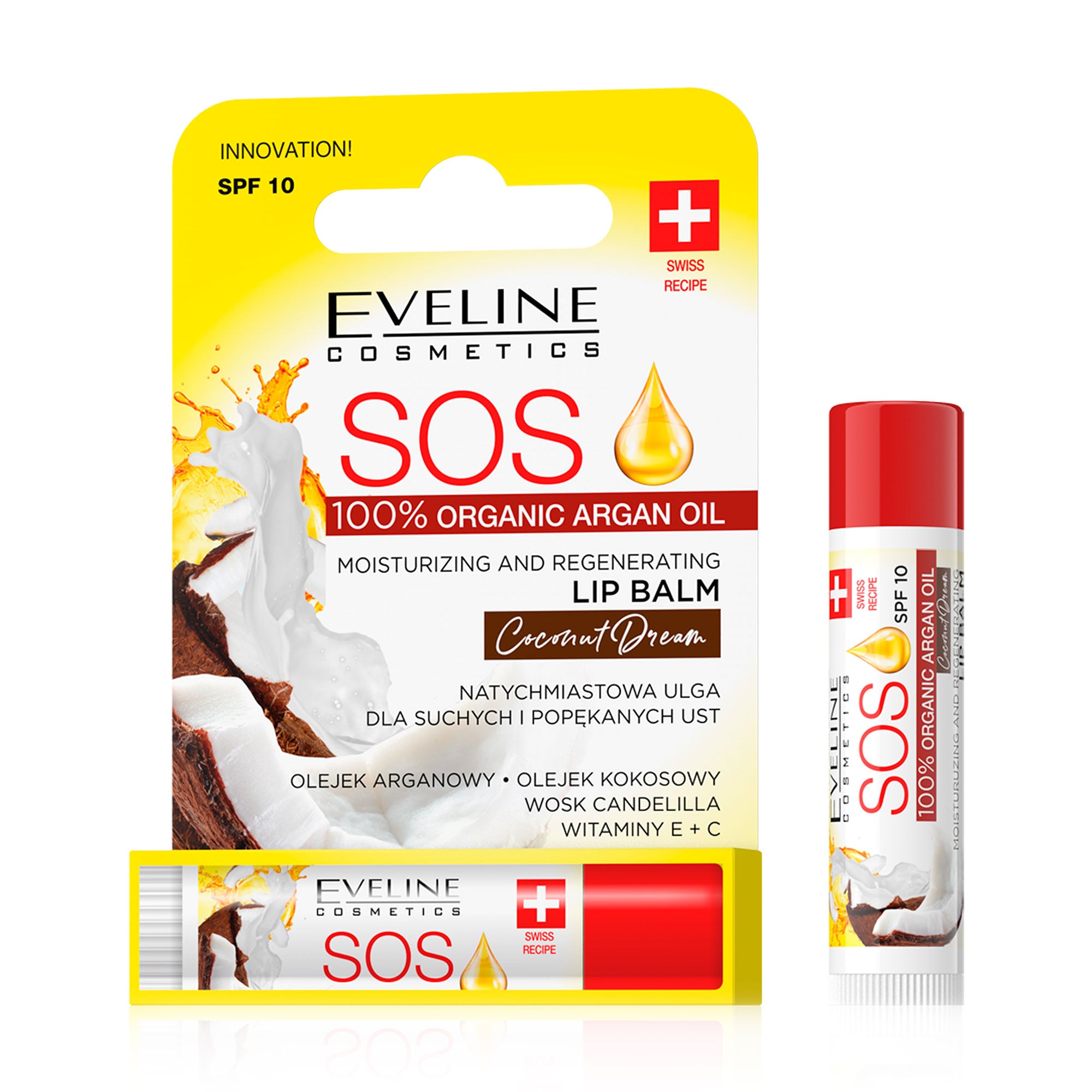 Бальзам для губ Eveline Cosmetics Argan Oil Sos SPF 10 Кокос, відновлювальний, зволожувальний, 4.2 г